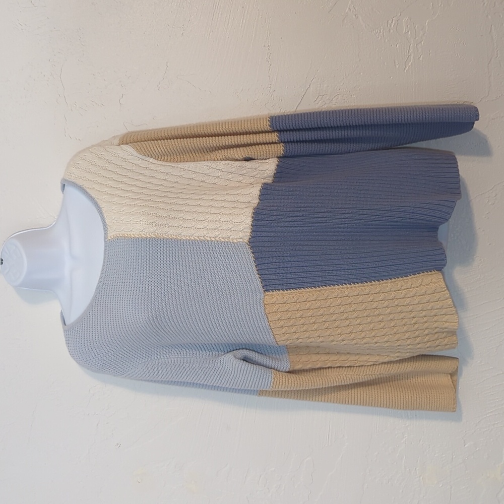 Blue Patchwork Knit Granny Sweater Coastal Cute Comfy Cozy Office Breathable